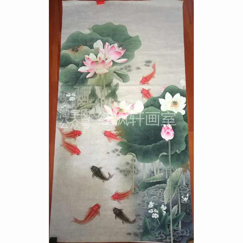 工笔画白描底花大幅四尺六尺竖幅荷稿牡丹九鱼图国纸熟宣画手绘稿