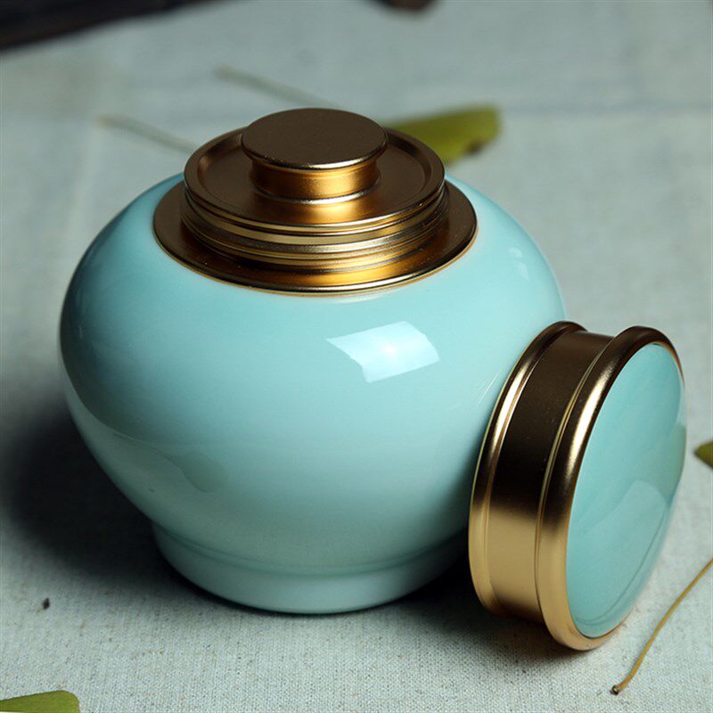 精品龙泉青瓷大码锡罐手工茶叶罐陶瓷紫砂大号茶具精品普洱密封罐
