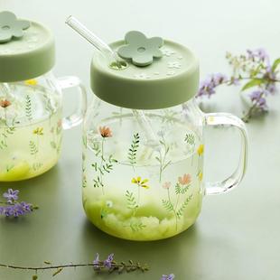 家居吸管杯儿童玻璃水杯刻度带盖耐高温杯子家用女生带把手