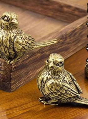 复古实心黄铜古玩小麻雀手把件喜鹊小比翼鸟茶道茶宠桌面装饰摆件