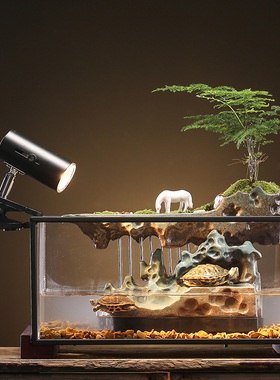 新中式创意乌龟缸鱼缸饲养箱带晒台流G水陶瓷假山喷泉摆件家用送