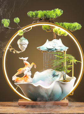 创意荷叶假山流水摆件循环水招财陶瓷新中式家居客厅W装饰开业礼