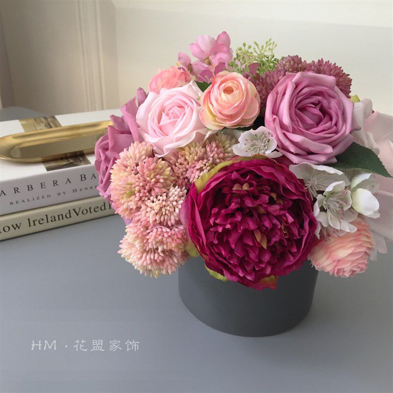 花盟玫瑰牡丹仿真花艺组合套装假花绢花灰色陶瓷花瓶样板房摆件