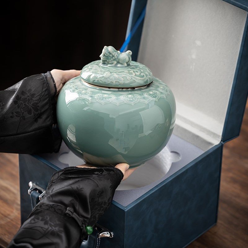 纯色青瓷茶叶罐碧螺春醒茶罐绿茶普洱茶密封罐茶叶高档空礼盒包装