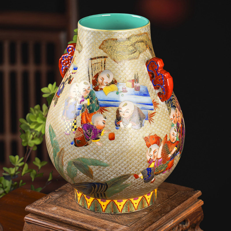 拉丝珐琅彩花瓶手绘陶瓷金色福桶尊童子 仿古装饰品新婚客厅摆件
