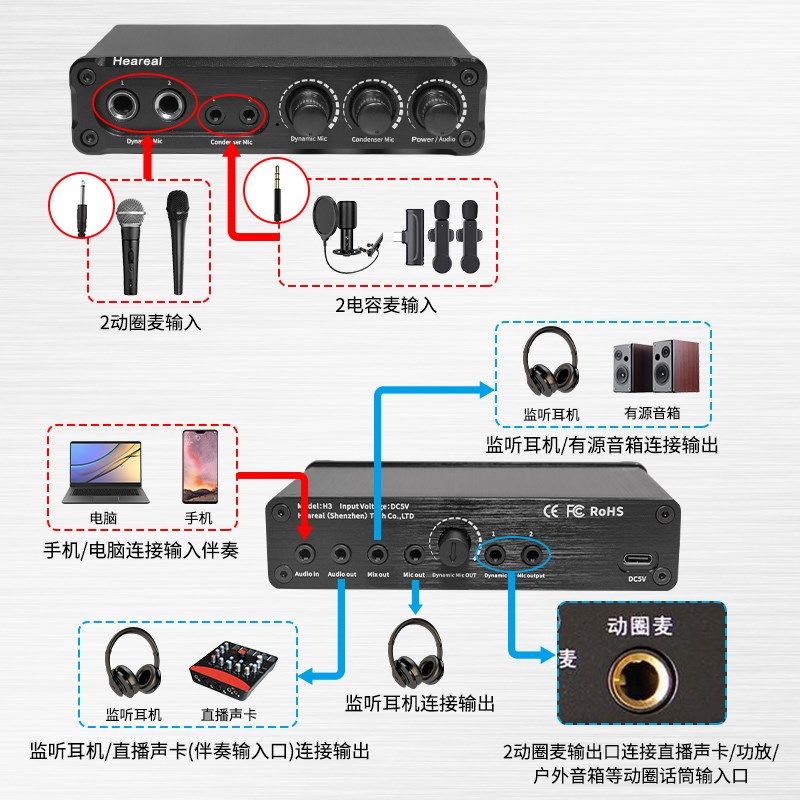 麦克风放大器动圈电容话筒通用 卡拉ok功放声卡户外音箱音量放大