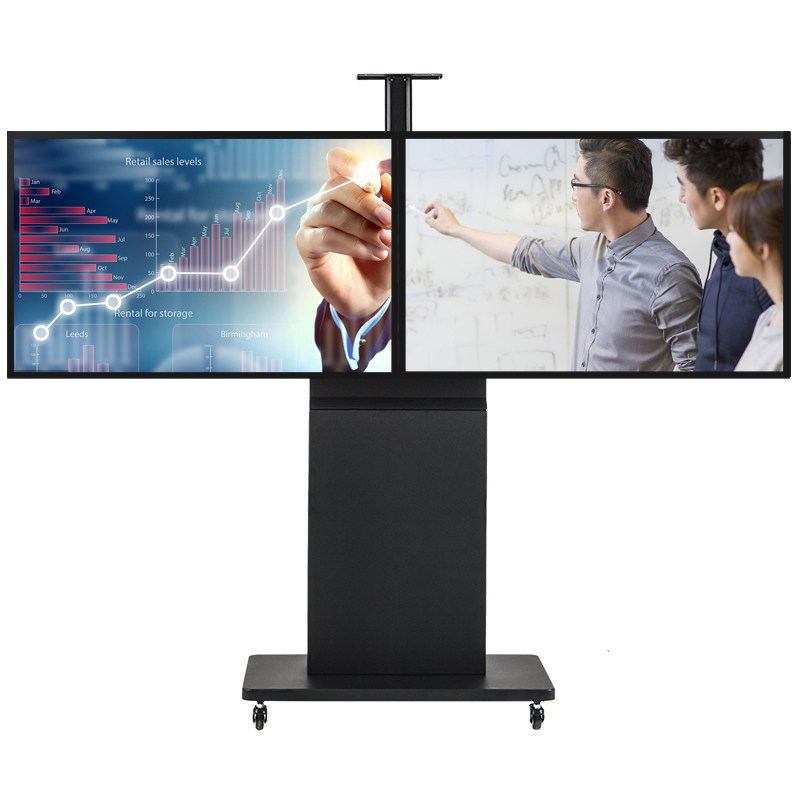 高端双屏一体机支架40-70寸大型会议舞台可移动免打孔推车伸缩落