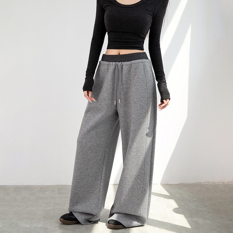 2026春季新款宽松垂感高腰阔腿裤直筒卫裤子藏青色运动裤女小个子