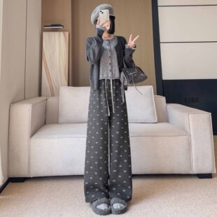 秋冬季加绒加厚高腰阔腿裤直筒长裤山本裤阔腿裤蝴蝶结糯米裤女款