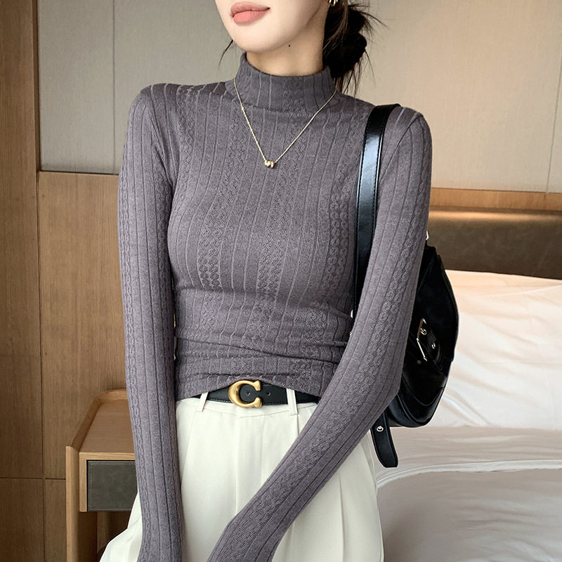秋冬加厚半高领蕾丝打底衫女
