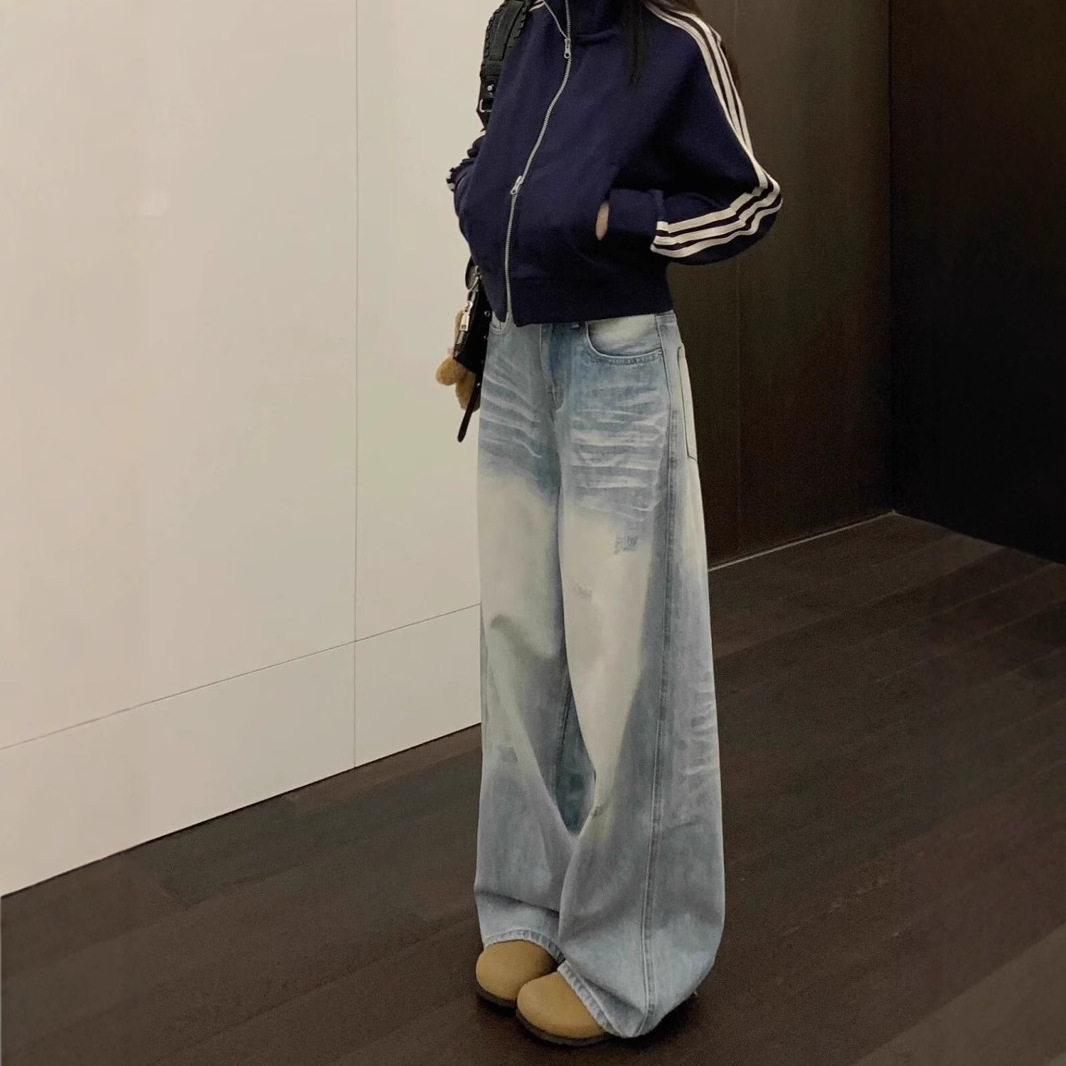 春秋复古高腰阔腿显瘦女牛仔裤