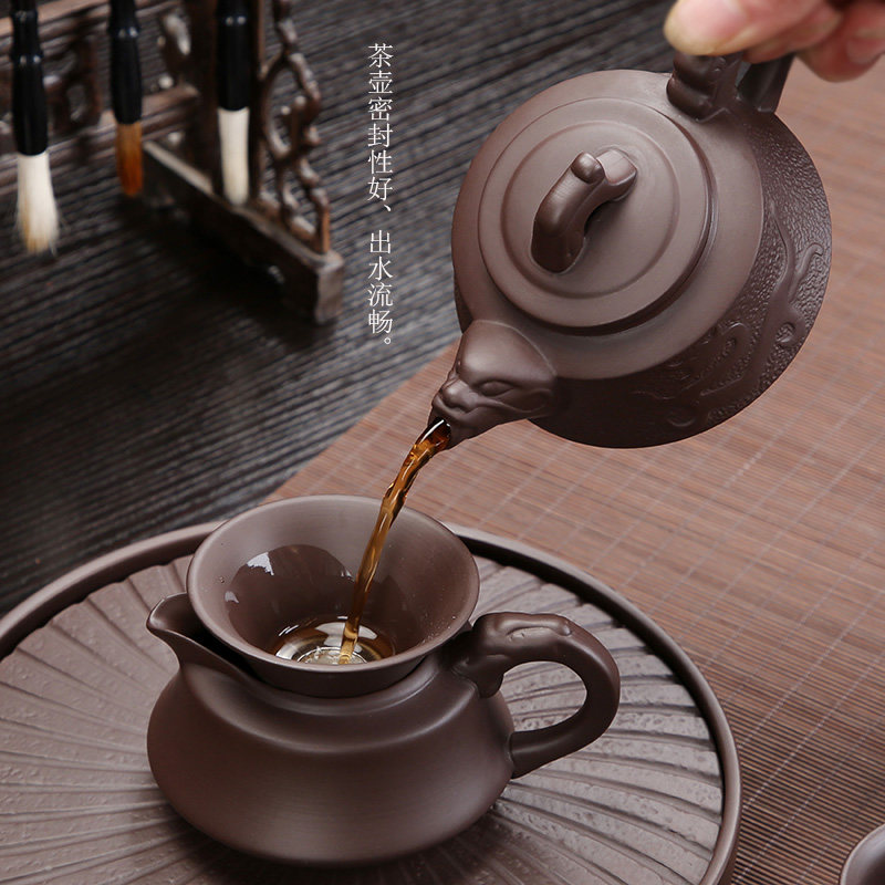 宜兴紫砂功夫茶具套装 陶瓷泡茶壶整套家用办公浮雕盖碗茶海杯子