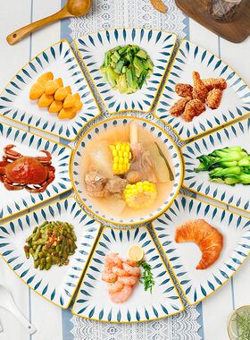中式团圆拼盘餐具组合2023新款年夜饭创意圆桌陶瓷火锅海鲜扇形盘