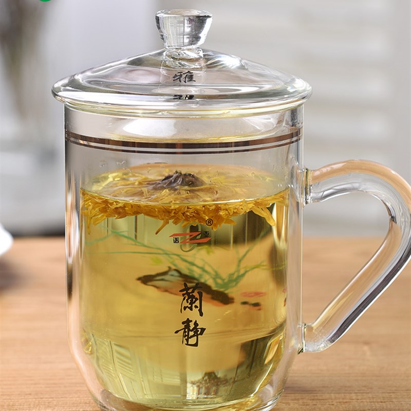带把家用茶杯透明带盖耐高温手工水晶高档办公圆形双层玻璃杯