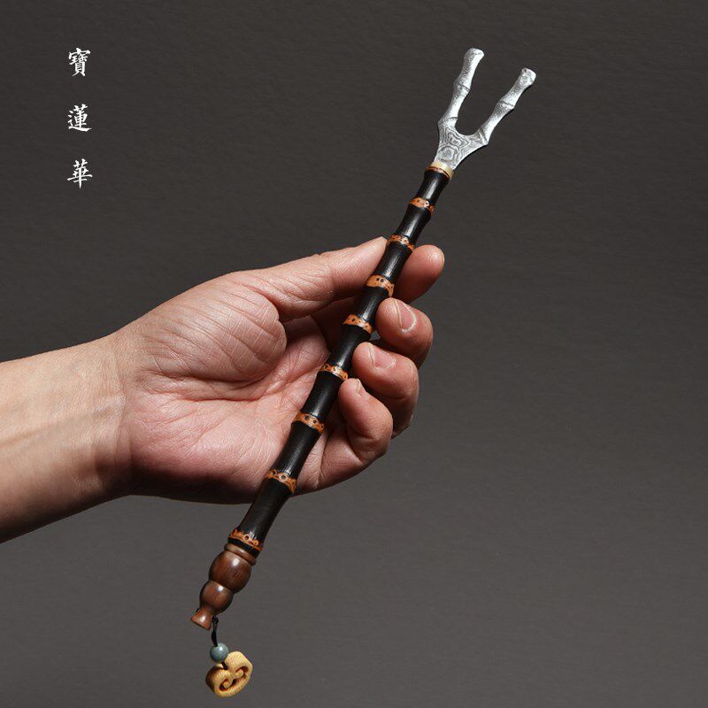 天然紫竹节柄壶叉 手工竹制壶盖插 不烫手盖夹插铁壶盖叉银壶盖夹