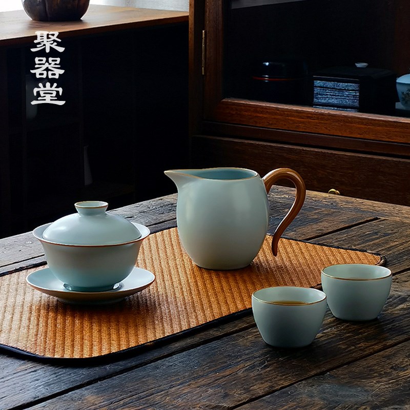 天青色汝窑公道杯带把手冰裂釉陶瓷加厚汝瓷分茶器匀杯小号