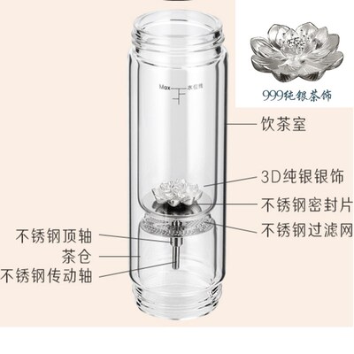 茶水分离泡茶杯配件双层玻璃杯身杯体银饰银莲花滤网臻钛晶