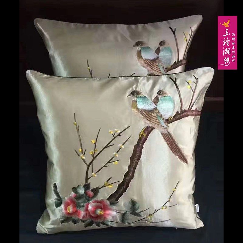 枕玲湘丝纯手工绣花真丝桑蚕绣湘绣抱玉靠枕抱枕靠垫腰枕刺绣