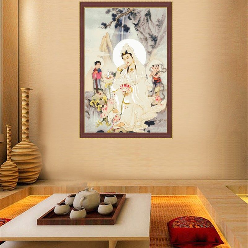 精品新款白衣观音和花十子字绣套件精准印童简单易绣送绣图小工具
