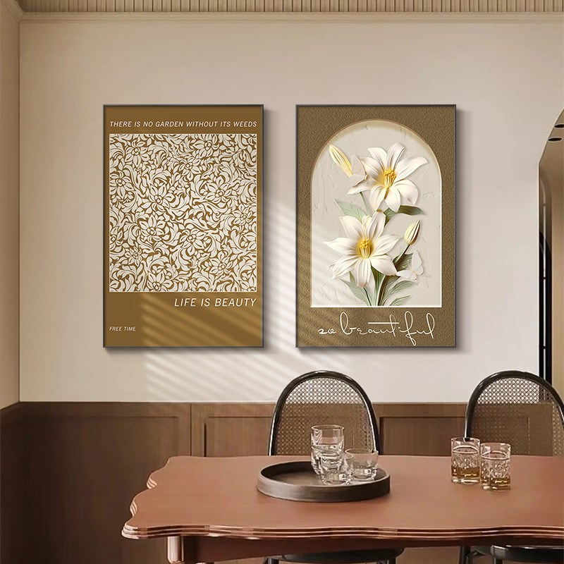 中古风餐厅装饰式高级感花卉复古饭中挂画法画厅国风餐桌卧室壁画