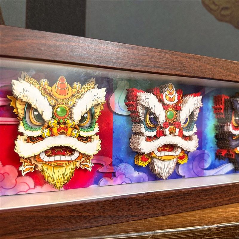 玺体纸语醒狮六狮图手工剪纸国潮立艺画玄关纸雕装饰工艺品礼品