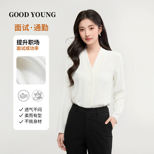 GOODYOUNG白色雪纺开衫V领衬衫抗皱高级感面试衬衣长袖职业通勤女