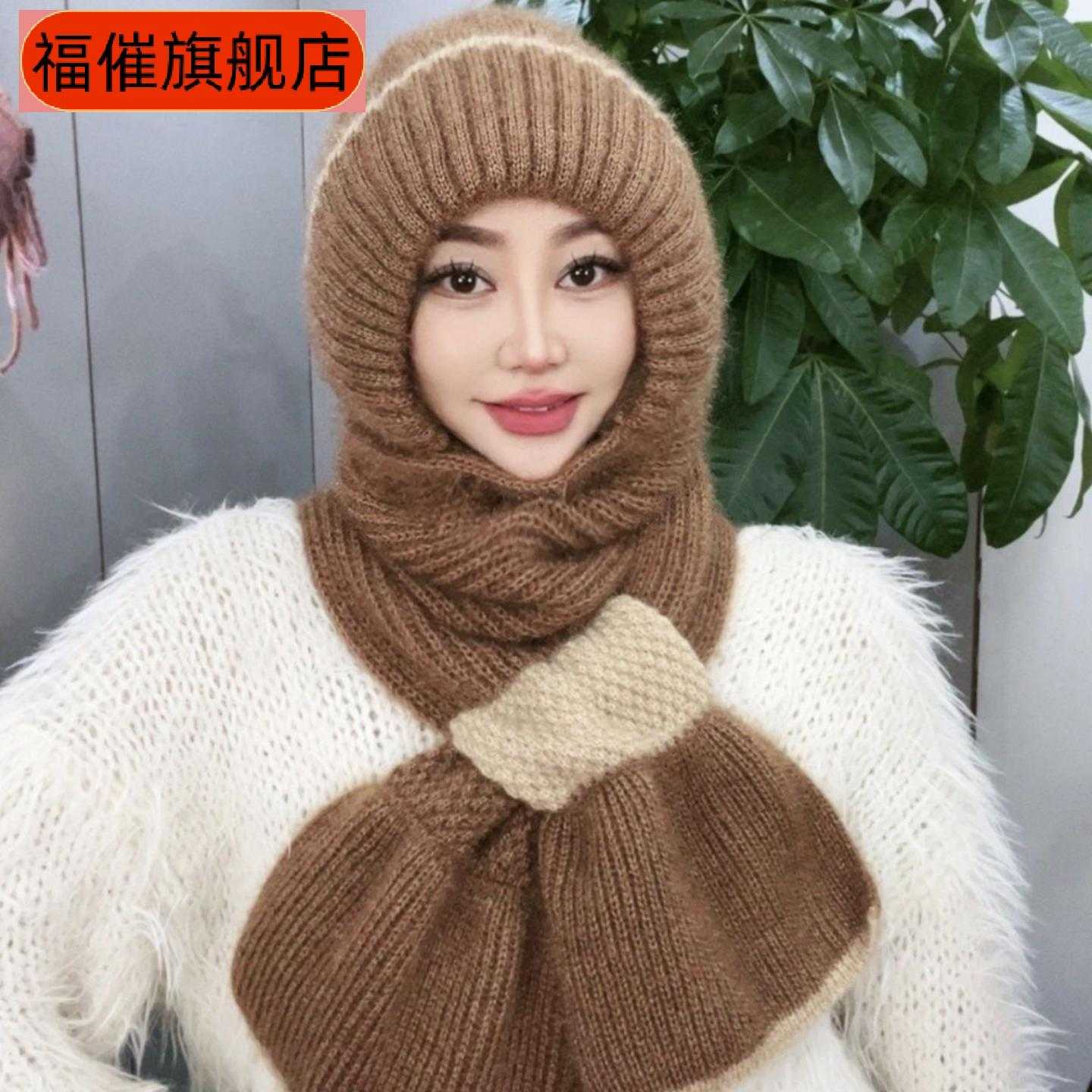 秋冬拼色加绒加厚帽子围巾一体30