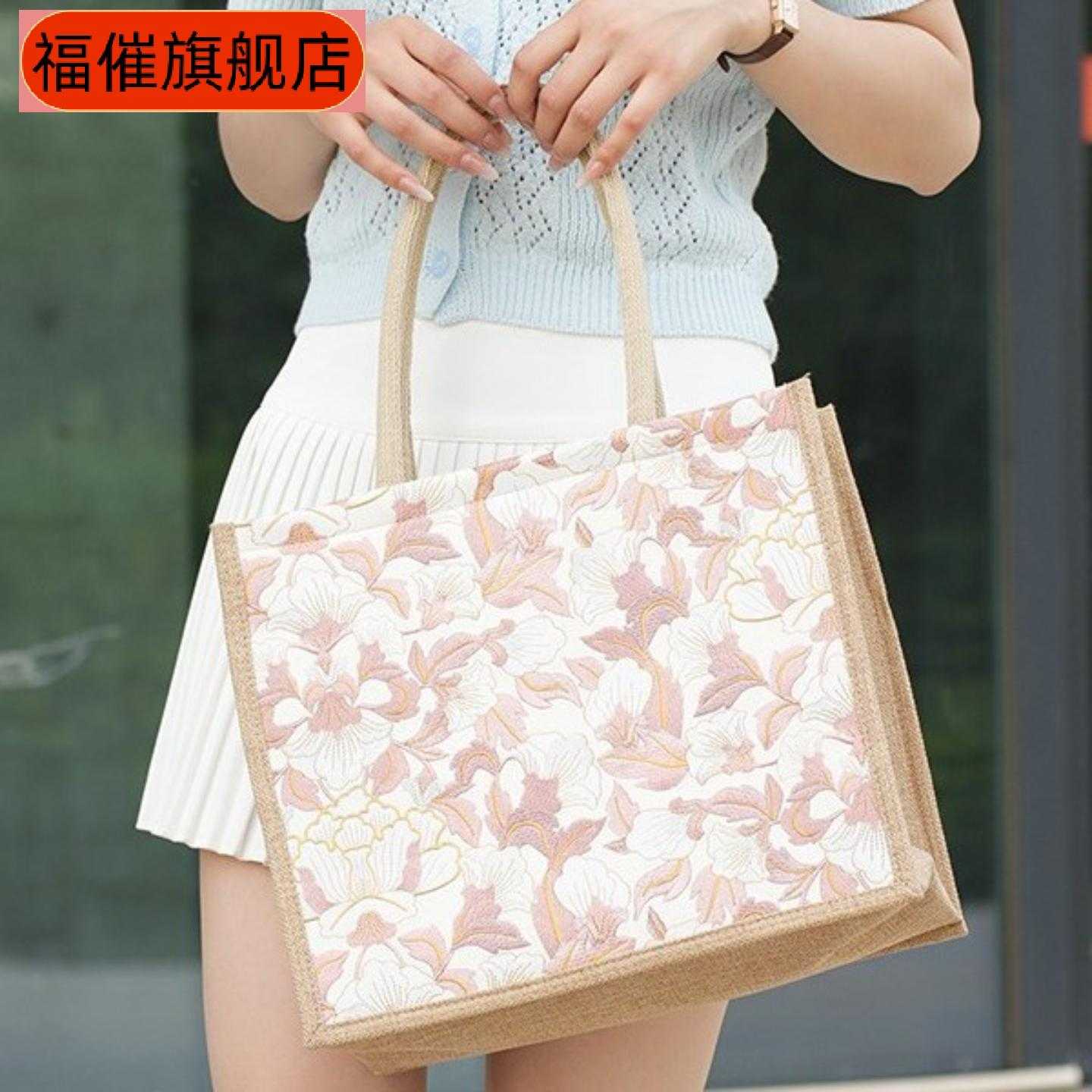 大容量亚麻麻布手提妈咪包女时尚