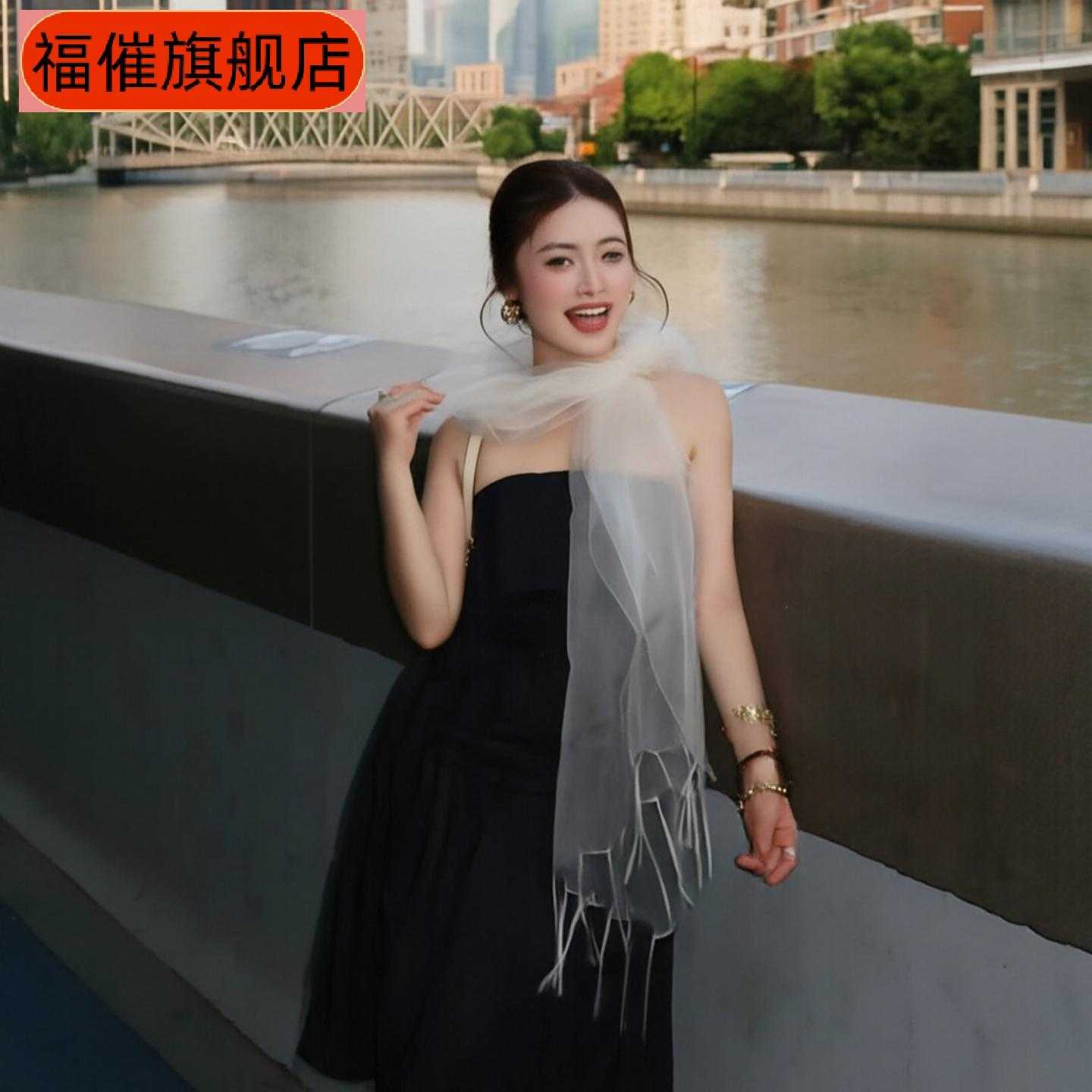 法式纯色单层薄款网纱流苏围巾披肩女春夏氛围感出游拍照百搭丝巾