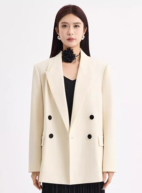 阅涵206春季休闲气质时尚显白百搭双排扣小西装长袖V领外套