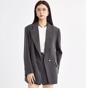 阅涵2026春季新款休闲长袖条纹双排扣西装外套通勤风商务女装