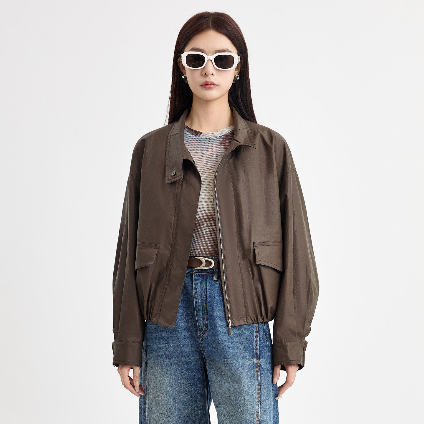 阅涵2026春季设计师品牌复古印花穿搭高弹网纱打底长袖上衣