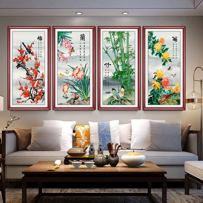 网中新式梅条竹菊挂画客厅沙发背景墙画装饰兰画四屏红餐厅茶室壁
