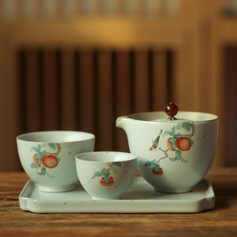 民宿风快客杯一壶两杯套装汝窑粗陶手绘柿子陶瓷功夫茶具礼品