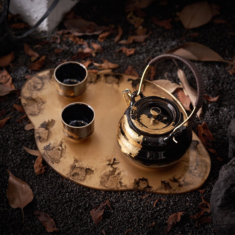 现代中式金色茶盘茶具套装客厅茶室茶几上软装陈列摆件高级感饰品