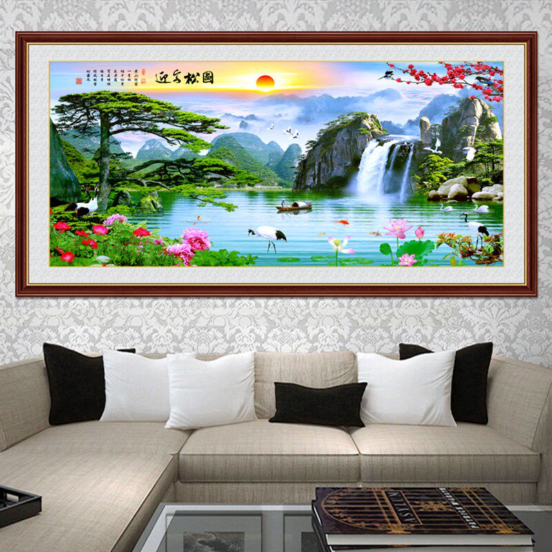 客厅装饰画山水画自粘壁画流水生财迎客松招财聚宝吉祥如意墙贴纸