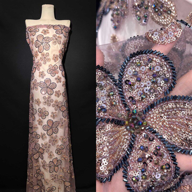 超重工立体花朵珠管绣亮片花卉网纱蕾丝婚纱礼服亮片珠子绣花布料