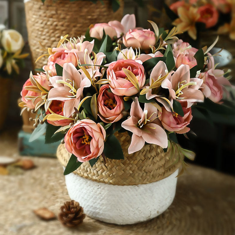 假花仿真花干花客厅装饰百合蔷薇花束餐桌室内摆件塑料花欧式花艺
