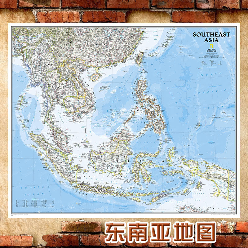 超大巨幅东南亚地图英文版 印尼马来西亚 菲律宾泰国新加坡装饰画