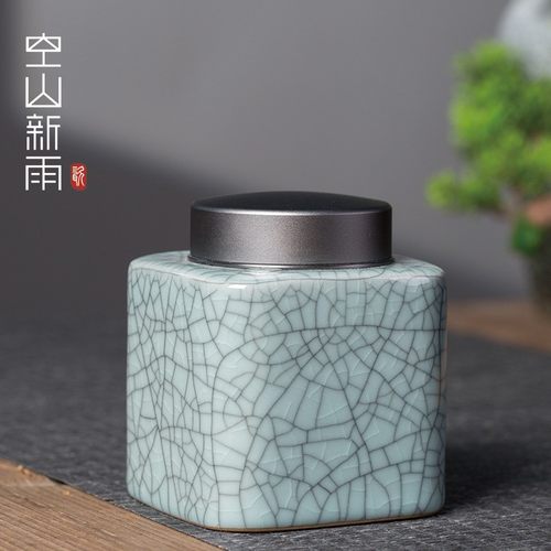 空山新雨方形茶叶罐密封罐防潮陶瓷茶叶储存罐高档金属盖便携茶罐