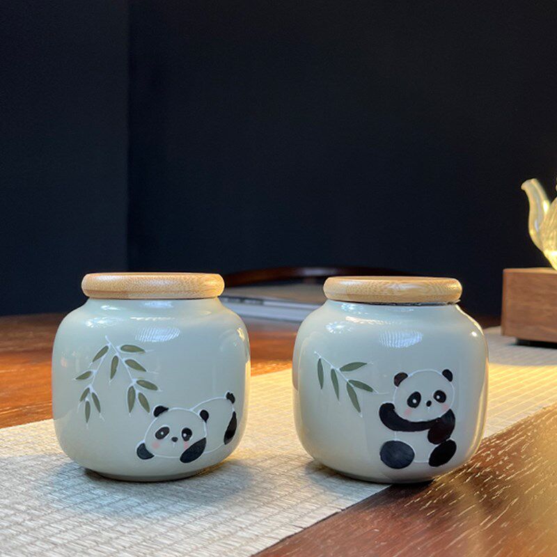 草木灰手绘熊猫茶叶罐密封陶瓷罐高档便捷小号意防潮迷你储茶罐