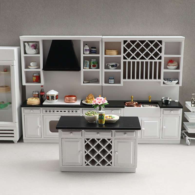 1:12娃娃屋dollhouse迷你家具现代厨房微场景白色厨房柜子三件套