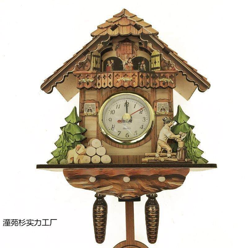 报时布谷鸟木质复古北欧挂钟咕咕挂饰时钟闹钟整点钟表客厅风格