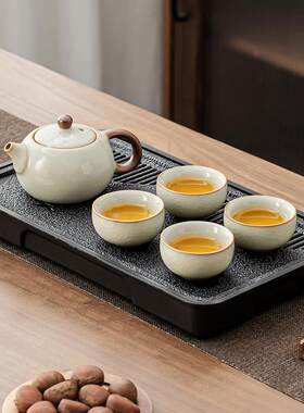 新中式故里米黄汝窑茶具小套装一壶二杯干泡盘可家用会客