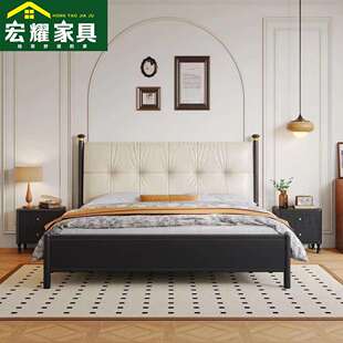 北欧实木床中古风现代简约床1.8米轻奢皮艺软靠床1.5米主卧房婚床