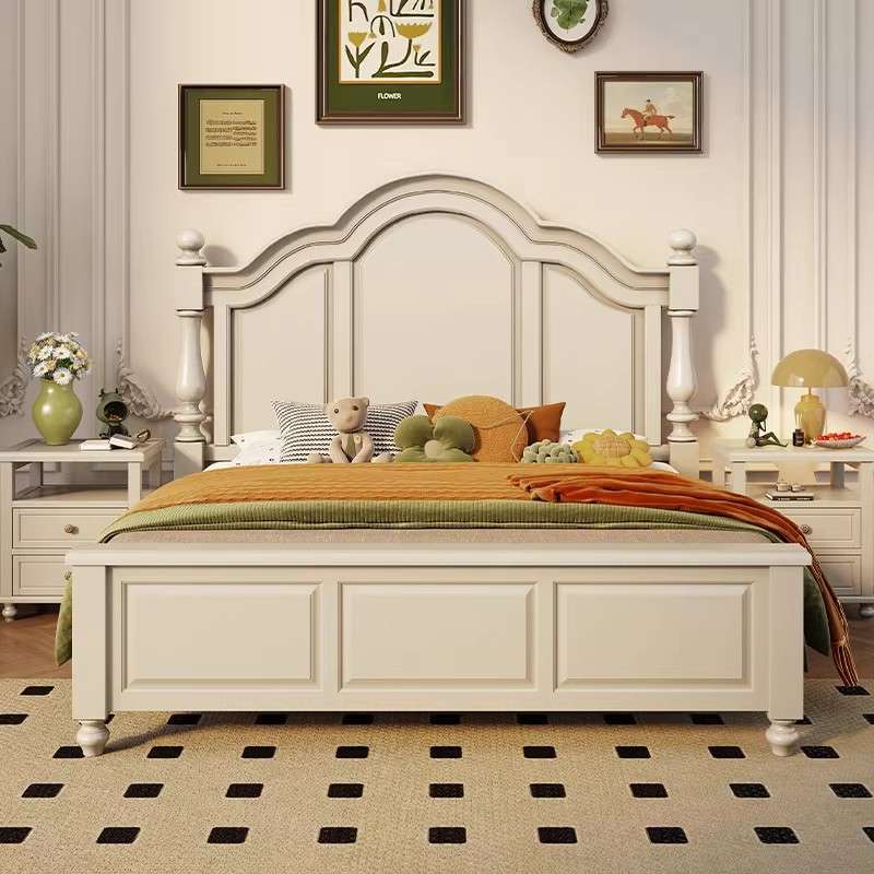 美式白色全实木高箱双人床风格家具1.8米婚床原木欧式铺板床卧室