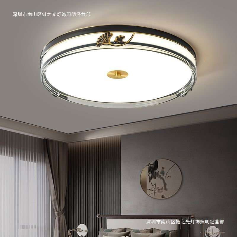 中式全铜仿云石吸顶灯新中式高档主卧灯圆形卧室书房房间阳台灯具