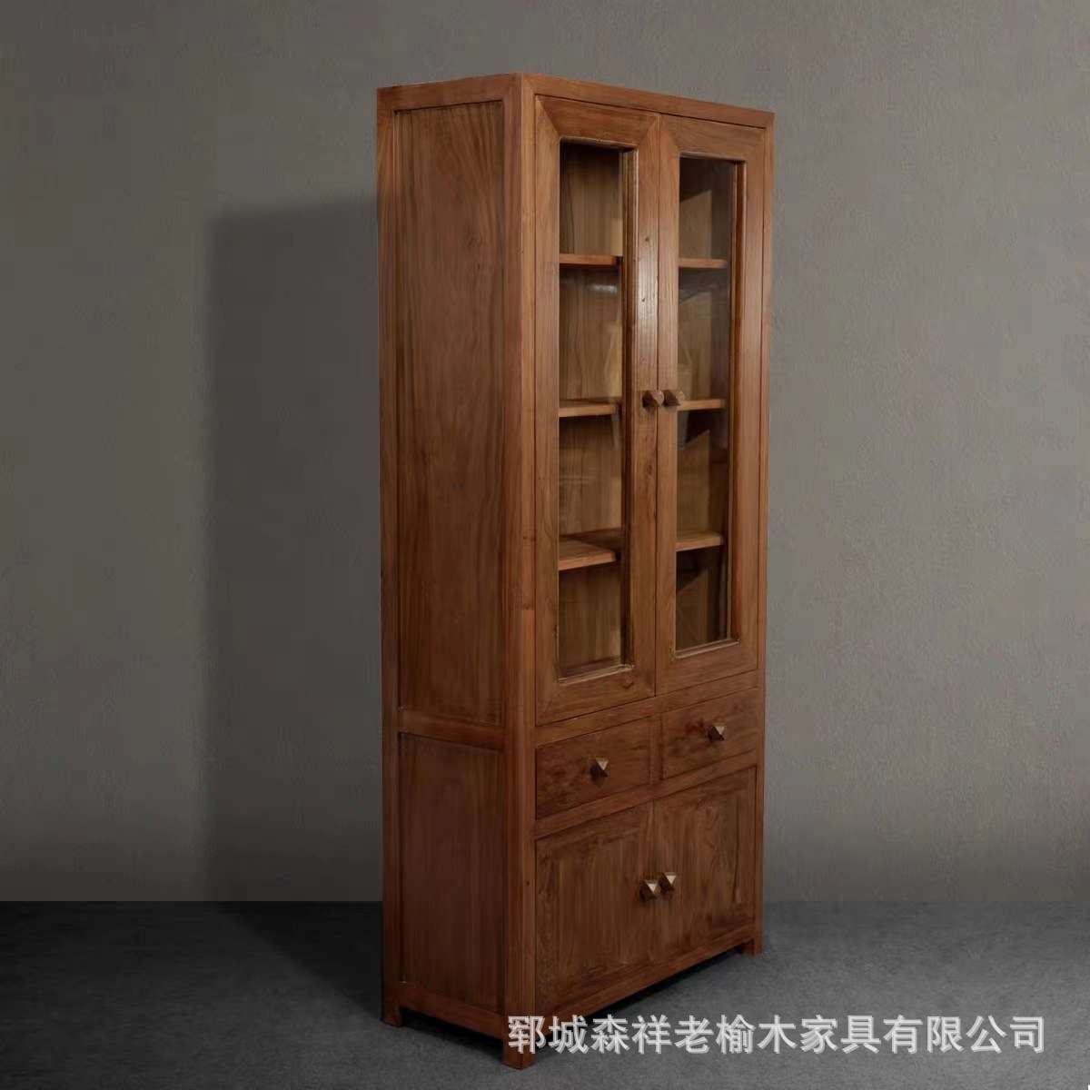 复古老榆木储物柜多层玻璃杂志书柜家用客厅置物柜长方形收纳柜