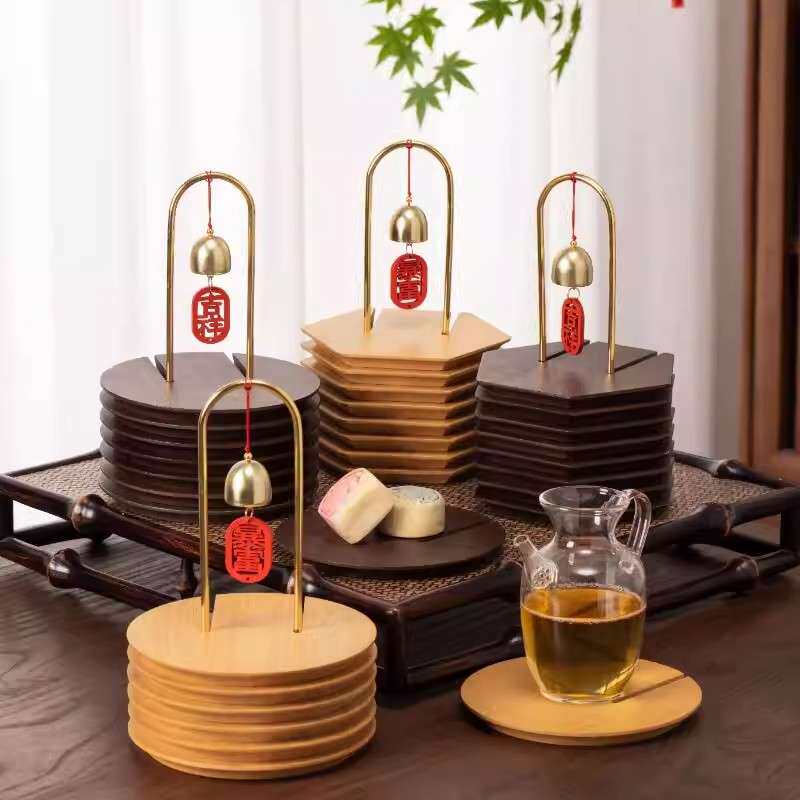 圆盘风铃款黑胡桃木餐桌隔热垫防烫高颜值实木茶杯垫餐垫套装收纳