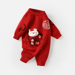 2025新款婴儿拜年服冬装连体衣喜庆红色新年衣服新生男宝加绒